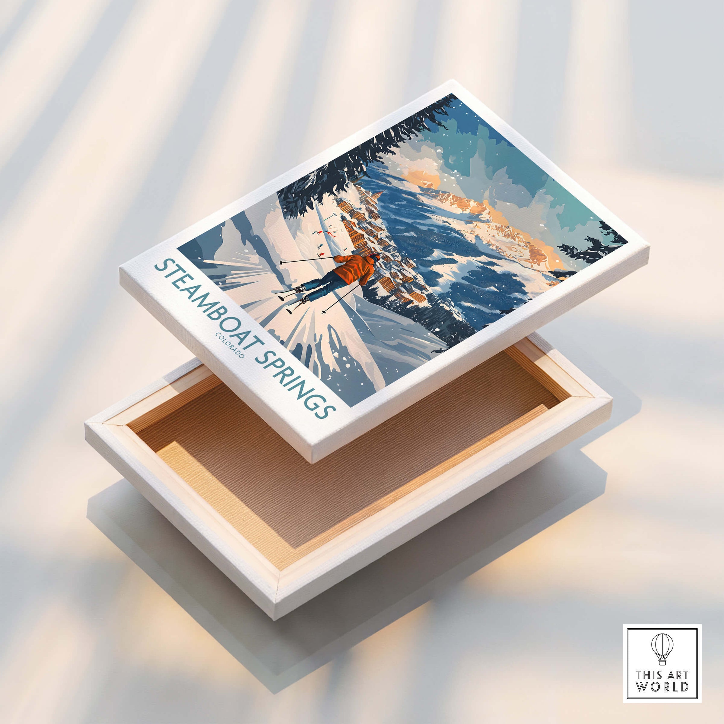 Steamboat Springs Poster Colorado displayed on a box, featuring vibrant ski scene and mountain landscape.