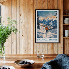 Steamboat Springs Poster Colorado displayed in a cozy interior with wooden walls and natural decor.