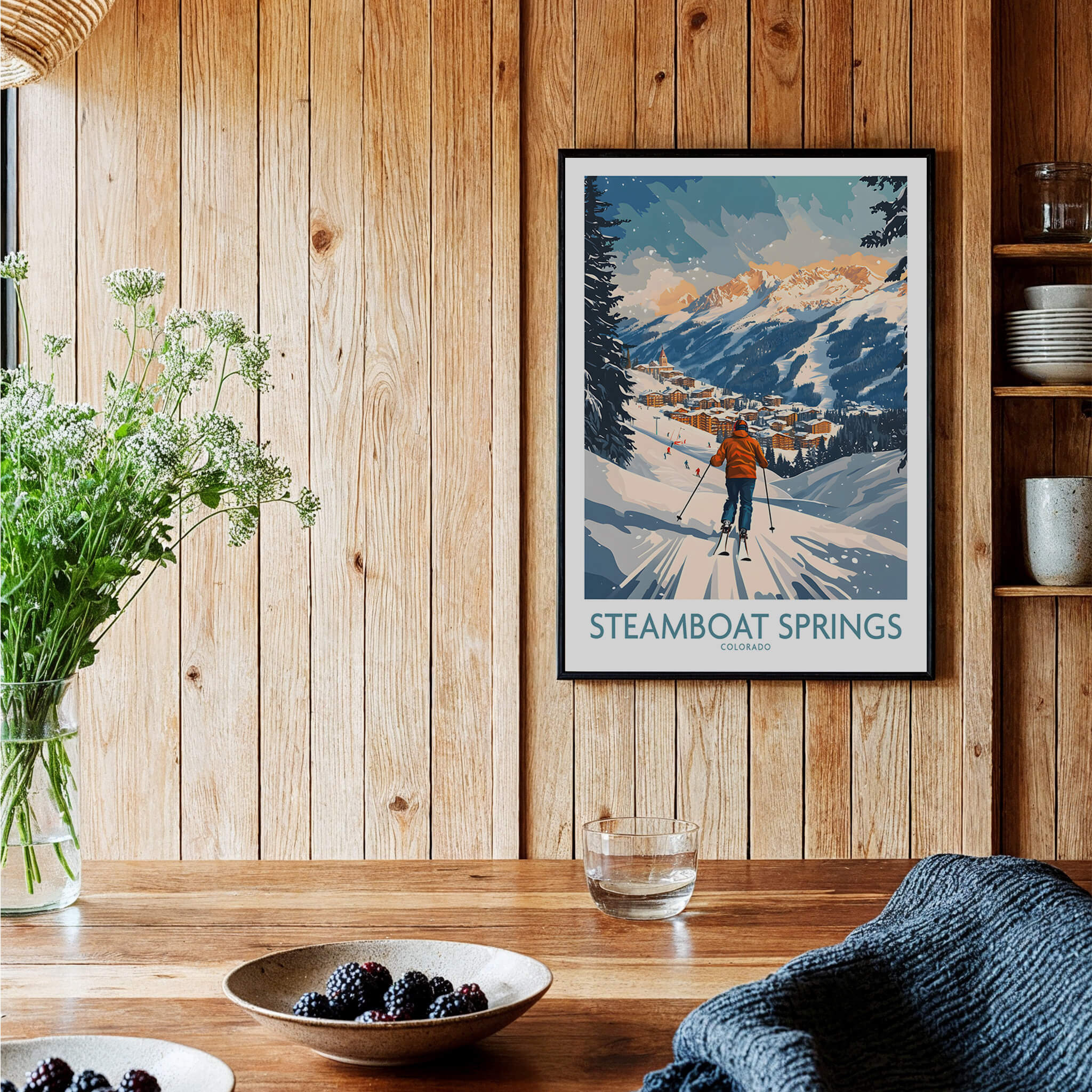 Steamboat Springs Poster Colorado displayed in a cozy interior with wooden walls and natural decor.