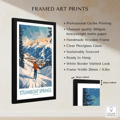 Framed Steamboat Springs Poster Colorado showcasing a skier in a vibrant winter landscape, perfect ski wall art.