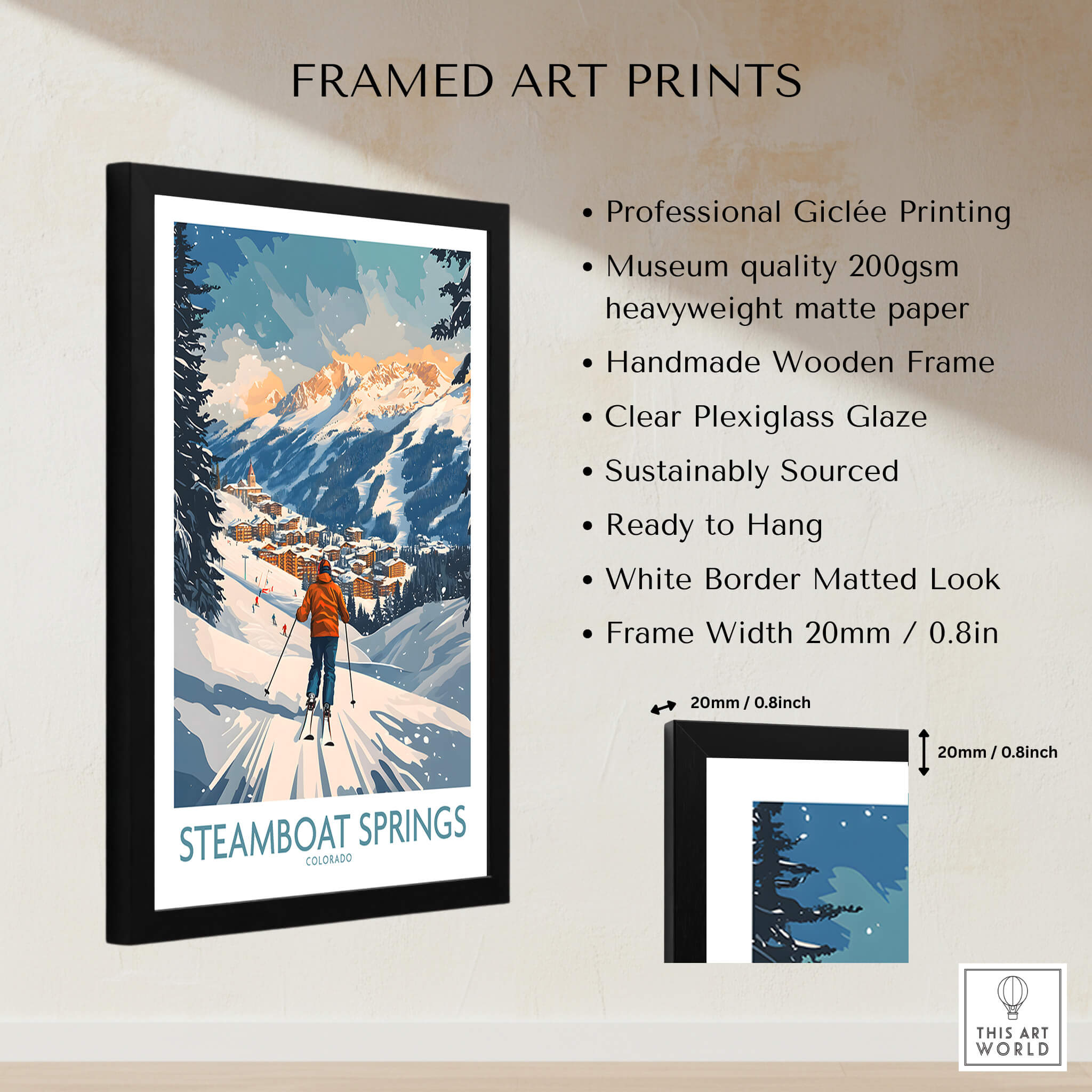 Framed Steamboat Springs Poster Colorado showcasing a skier in a vibrant winter landscape, perfect ski wall art.