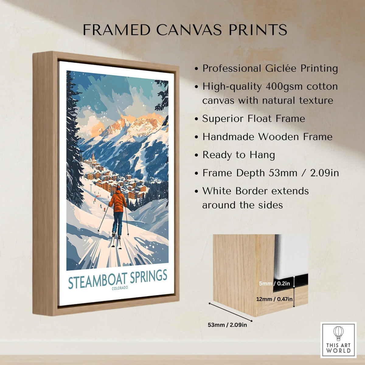 Steamboat Springs Poster Colorado framed canvas print featuring colorful ski scene and high-quality Giclée printing.