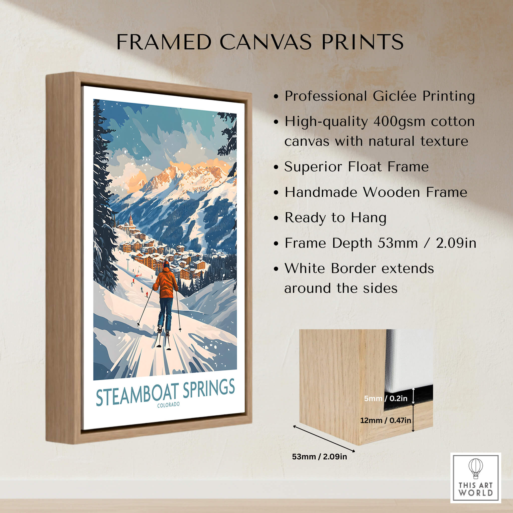 Steamboat Springs Poster Colorado framed canvas print featuring colorful ski scene and high-quality Giclée printing.