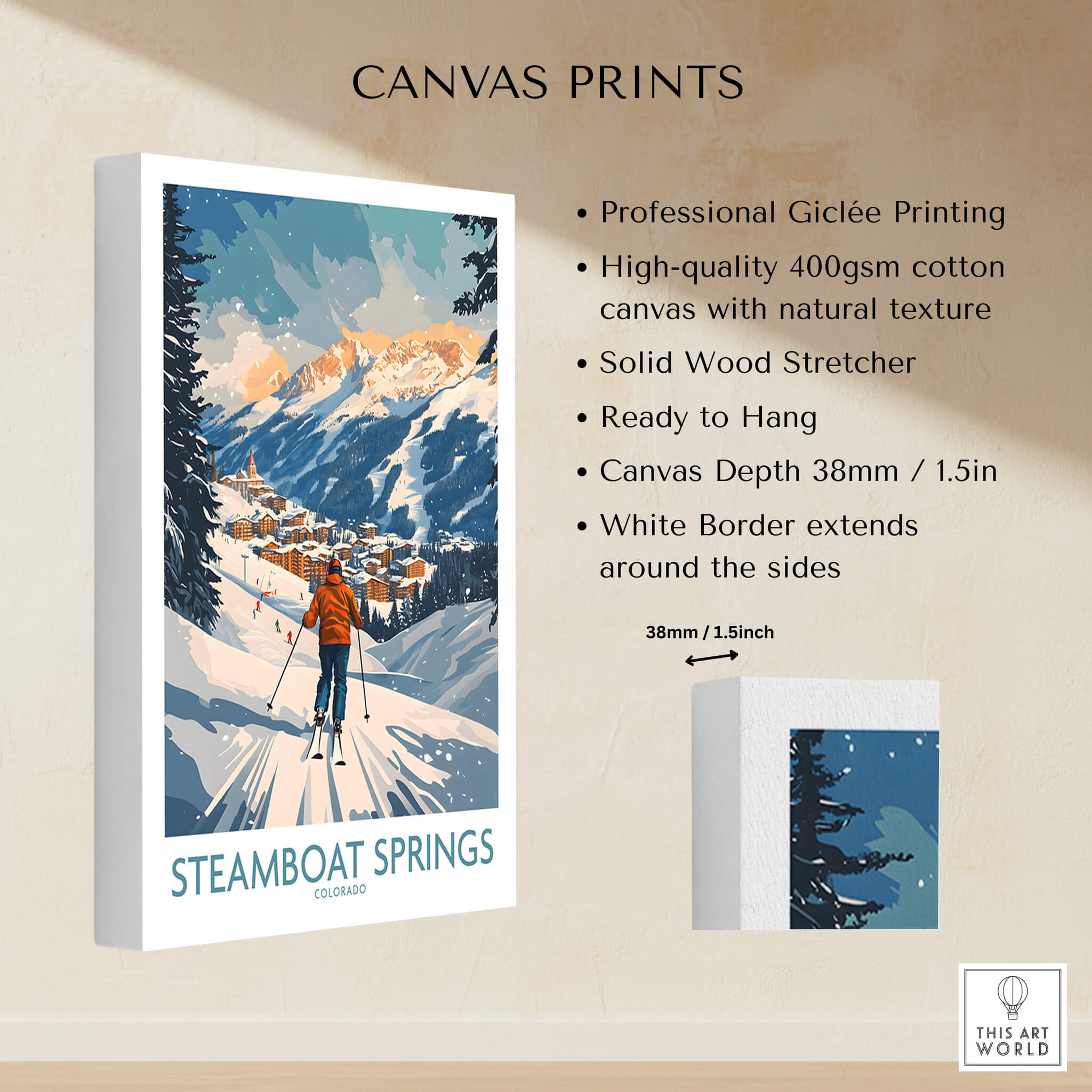 Steamboat Springs Poster Colorado showcasing vibrant ski scene on canvas with professional Giclée printing.