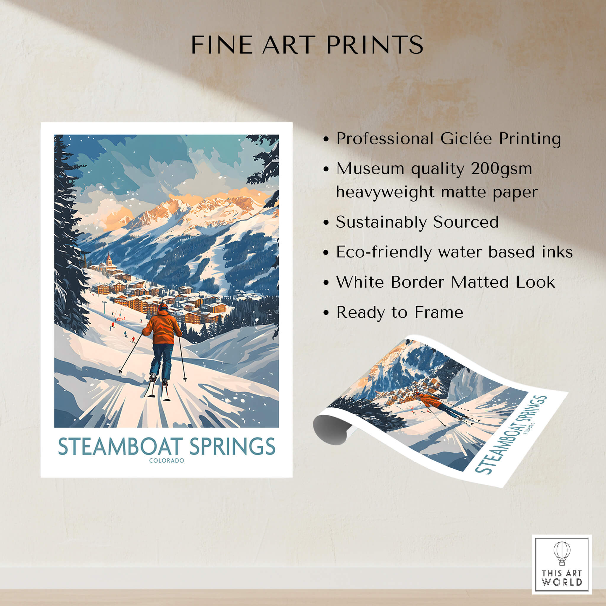 Steamboat Springs Poster Colorado showcasing ski scene with professional printing and eco-friendly materials.