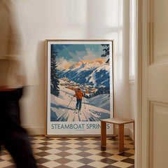 Steamboat Springs Poster Colorado displayed in a stylish room, showcasing vibrant ski slopes and a skier.