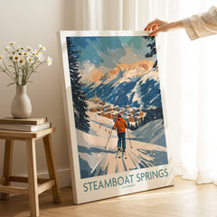 Steamboat Springs Poster Colorado showcasing a skier against a vibrant mountainous backdrop in a cozy interior setting.