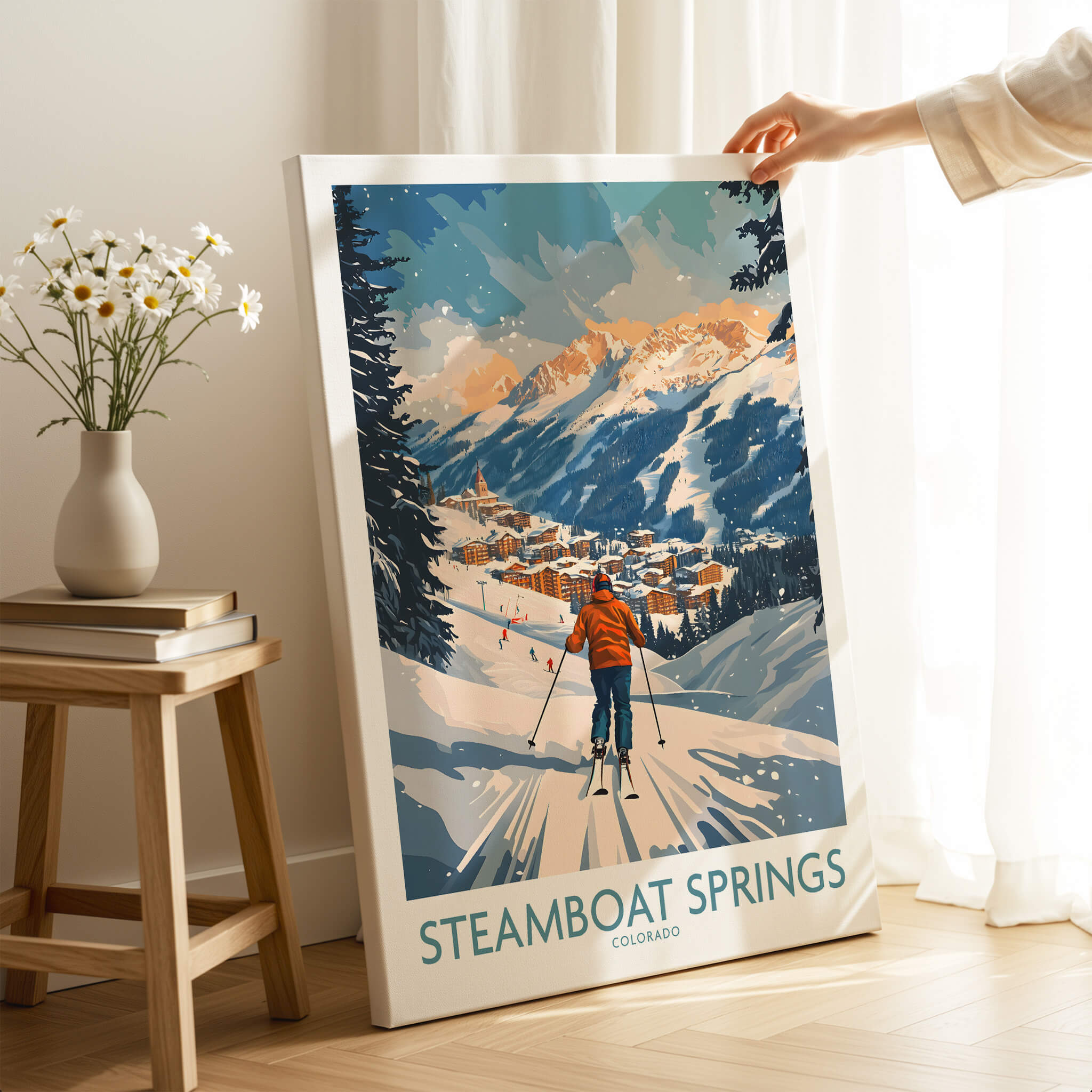 Steamboat Springs Poster Colorado showcasing a skier against a vibrant mountainous backdrop in a cozy interior setting.