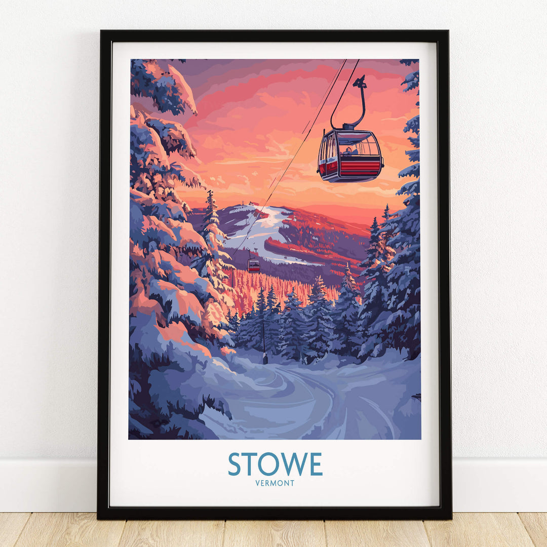 Stowe Vermont Ski Poster - Mountain Gondola Art Print, Winter Scene showcasing gondola in snowy landscape.