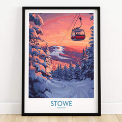 Stowe Vermont Ski Poster - Mountain Gondola Art Print, Winter Scene showcasing gondola in snowy landscape.