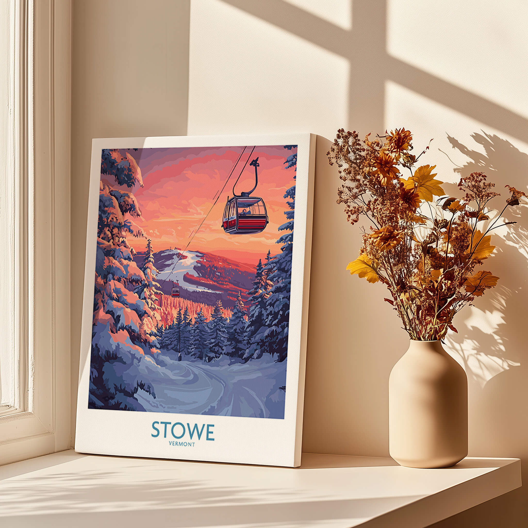 Stowe Vermont Ski Poster - Mountain Gondola Art Print, Winter Scene displayed in a sunlit room with flowers.
