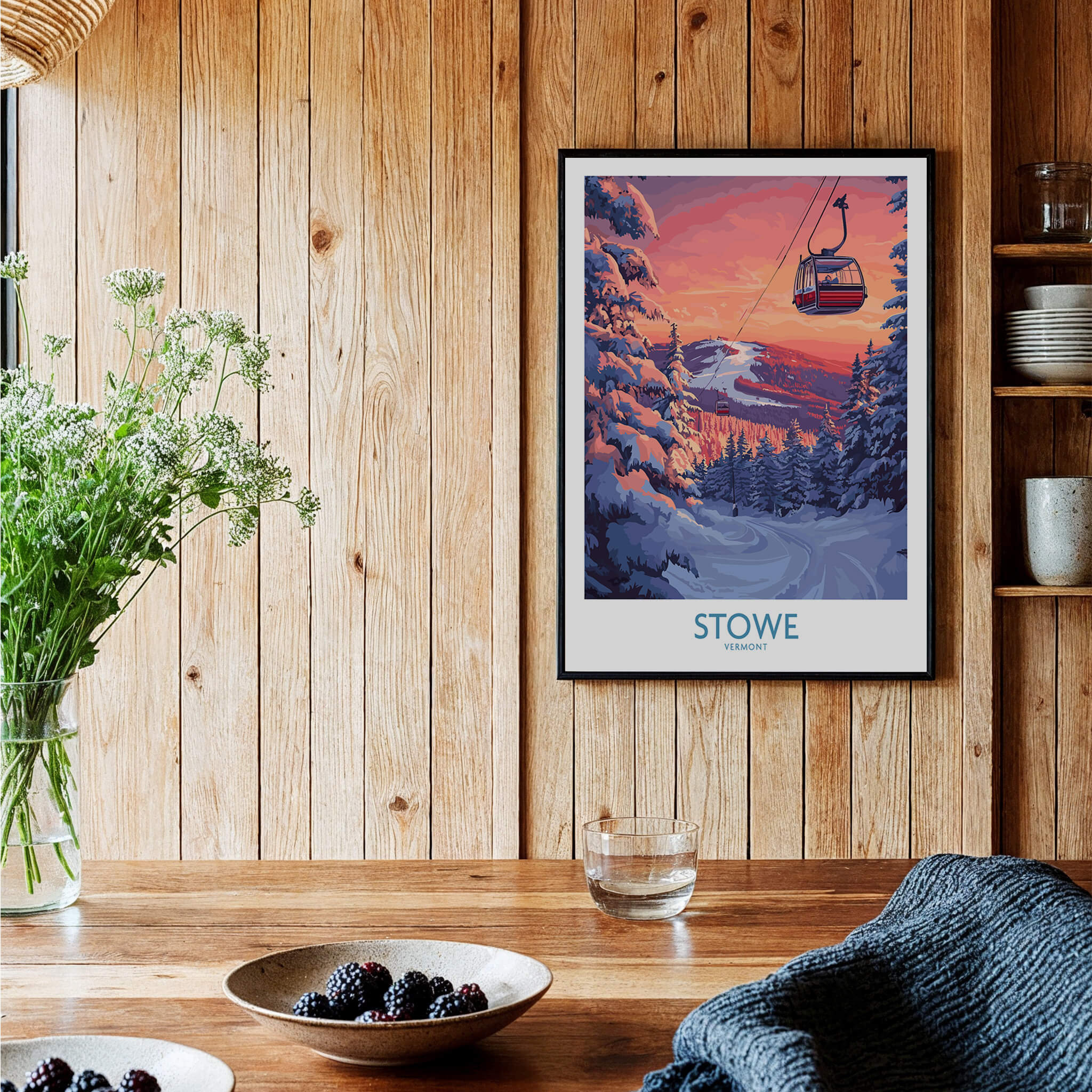 Stowe Vermont Ski Poster - Mountain Gondola Art Print, Winter Scene framed in a cozy interior.
