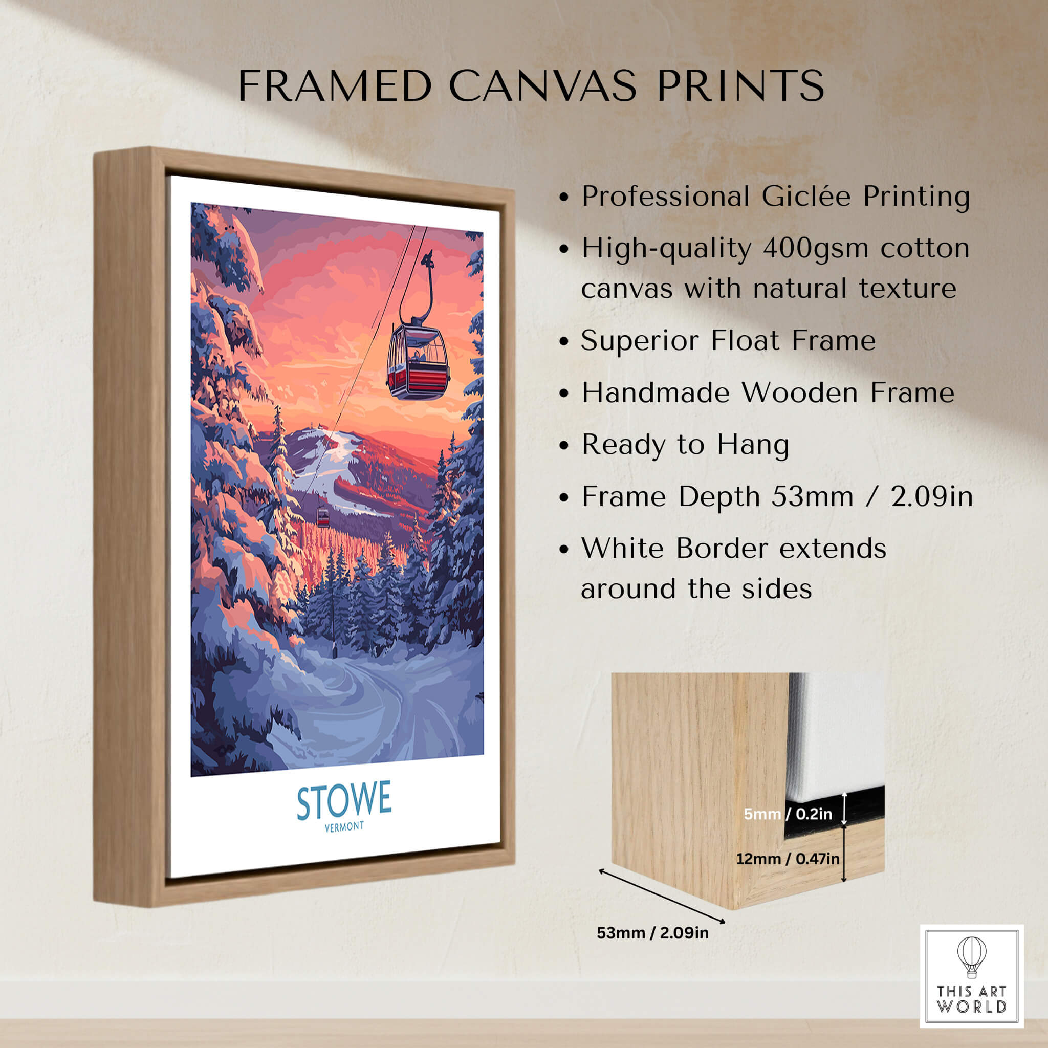 Stowe Vermont Ski Poster - Mountain Gondola Art Print, Winter Scene framed canvas print showcasing ski gondola in winter.