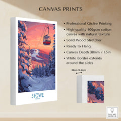 Stowe Vermont Ski Poster - Mountain Gondola Art Print, Winter Scene showcasing vibrant mountain gondola and snowy landscape.