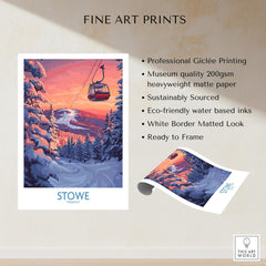 Stowe Vermont Ski Poster - Mountain Gondola Art Print, Winter Scene showcasing professional Giclée printing and matte finish.