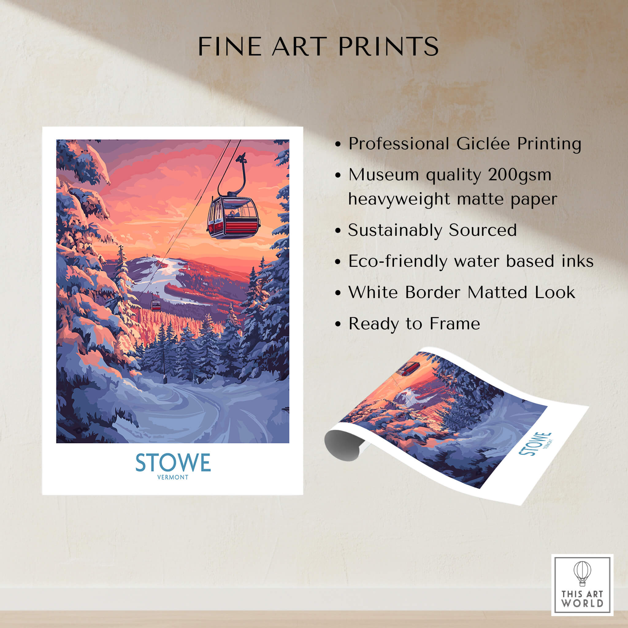 Stowe Vermont Ski Poster - Mountain Gondola Art Print, Winter Scene showcasing professional Giclée printing and matte finish.