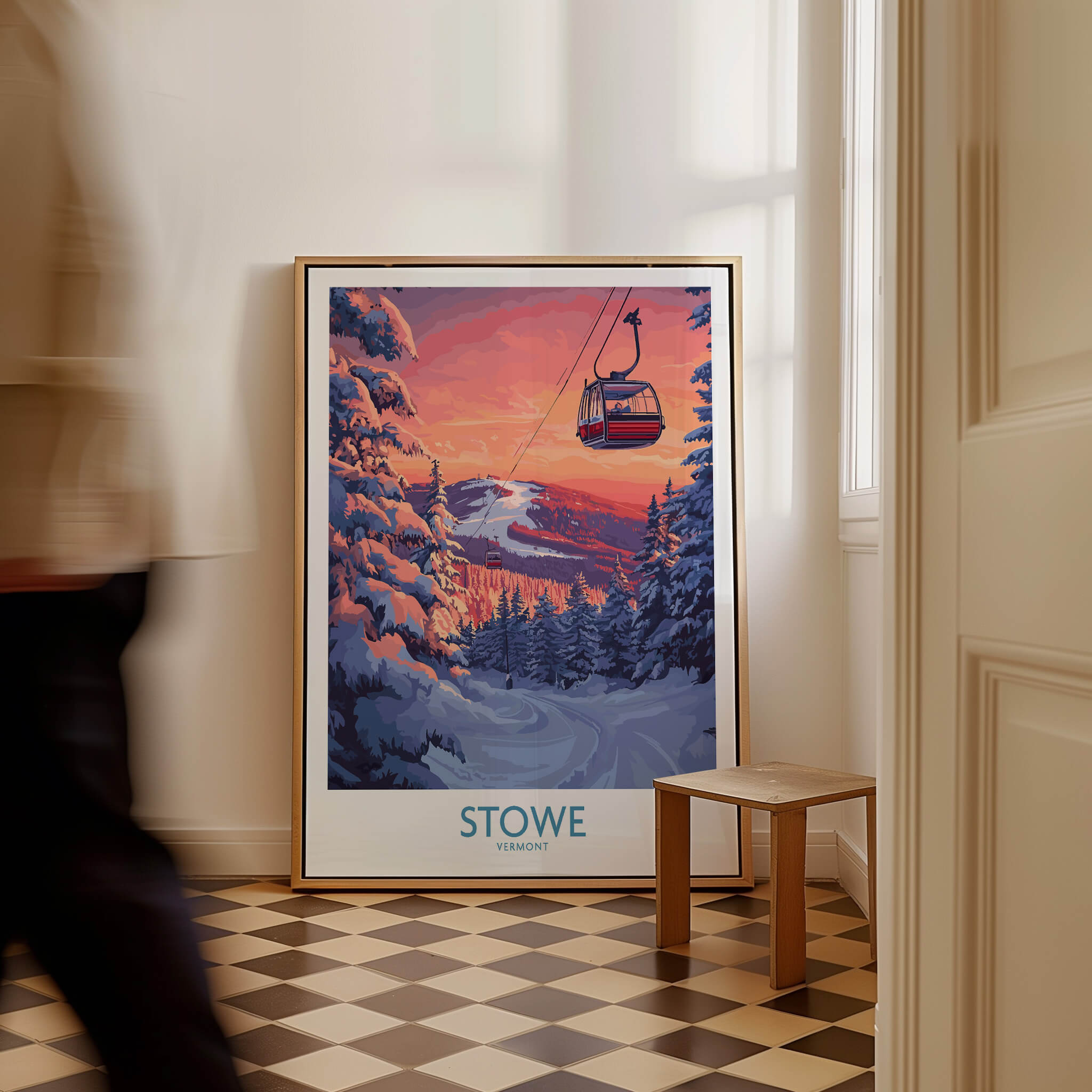 Stowe Vermont Ski Poster - Mountain Gondola Art Print, Winter Scene displayed in a cozy interior setting.