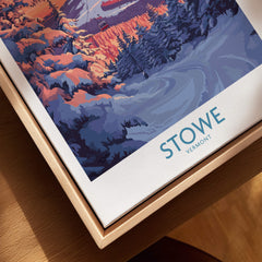Stowe Vermont Ski Poster - Mountain Gondola Art Print, Winter Scene displayed in a wooden frame.
