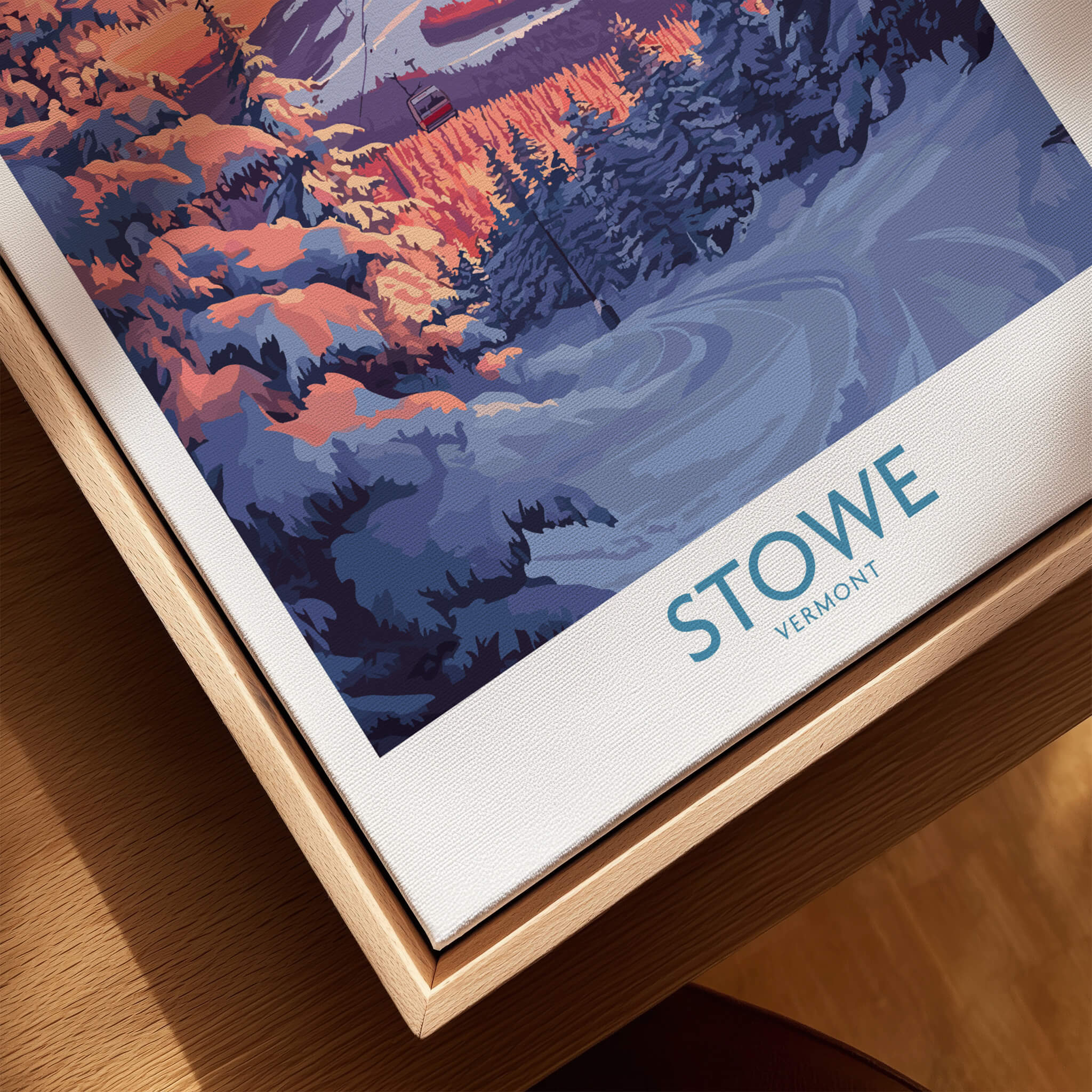 Stowe Vermont Ski Poster - Mountain Gondola Art Print, Winter Scene displayed in a wooden frame.