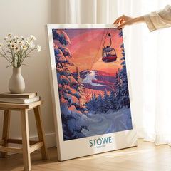 Stowe Vermont Ski Poster - Mountain Gondola Art Print, Winter Scene displayed indoors with mountains and gondola in winter.