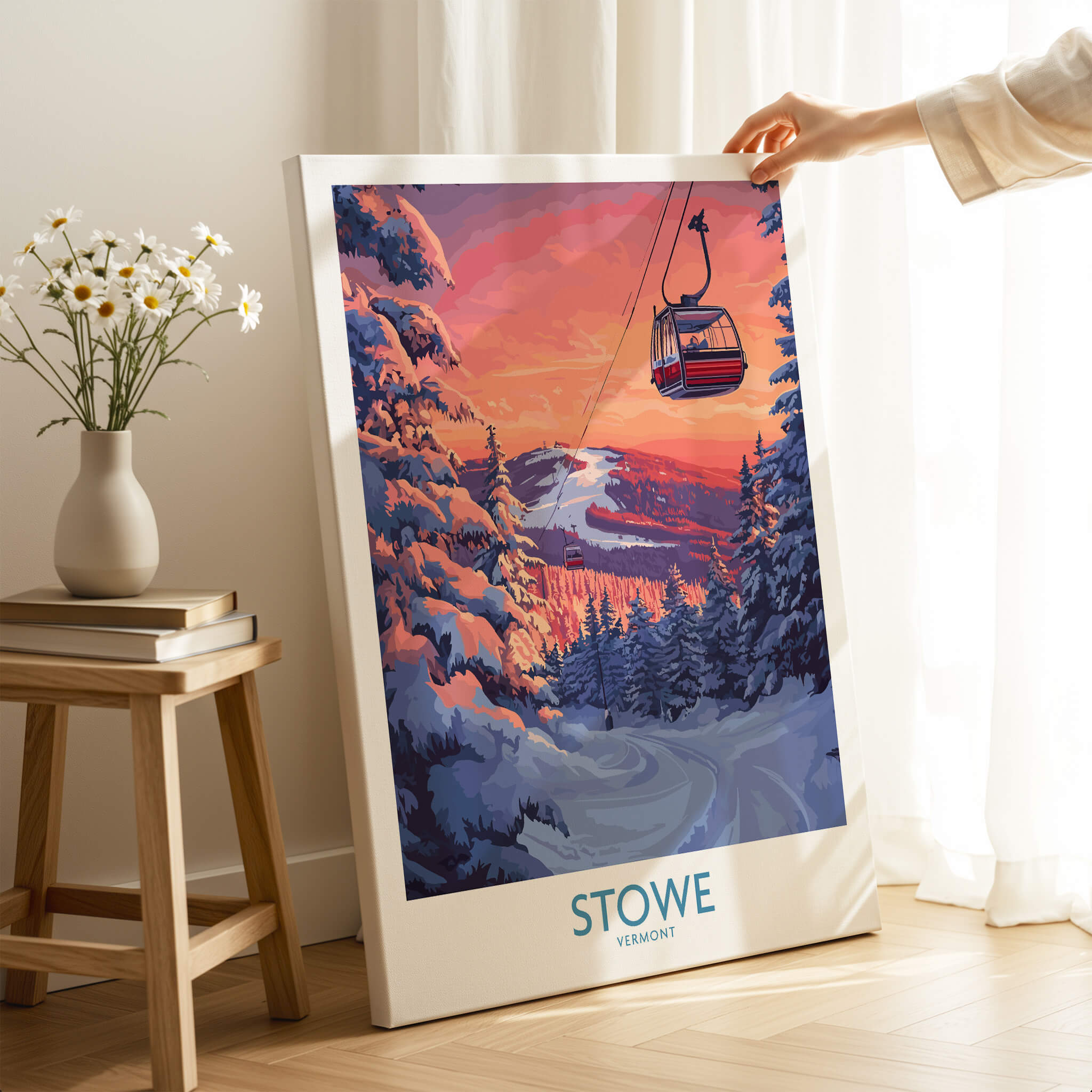 Stowe Vermont Ski Poster - Mountain Gondola Art Print, Winter Scene displayed indoors with mountains and gondola in winter.