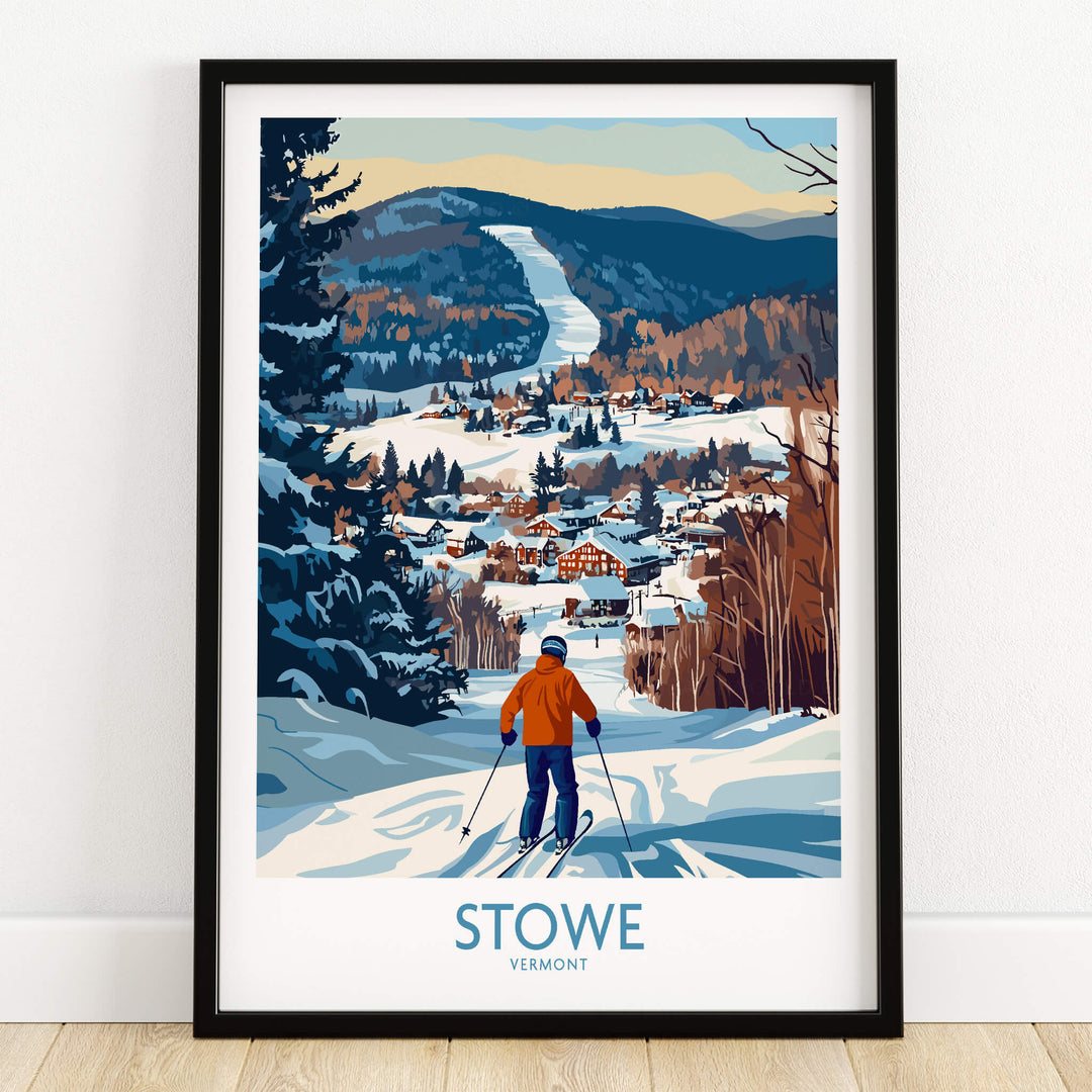 Stowe Vermont Ski Village Art - Mountain View Poster Print featuring a skier overlooking the scenic winter landscape.