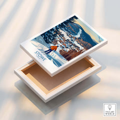 Stowe Vermont Ski Village Art - Mountain View Poster Print displayed on a decorative box showcasing a winter scene.
