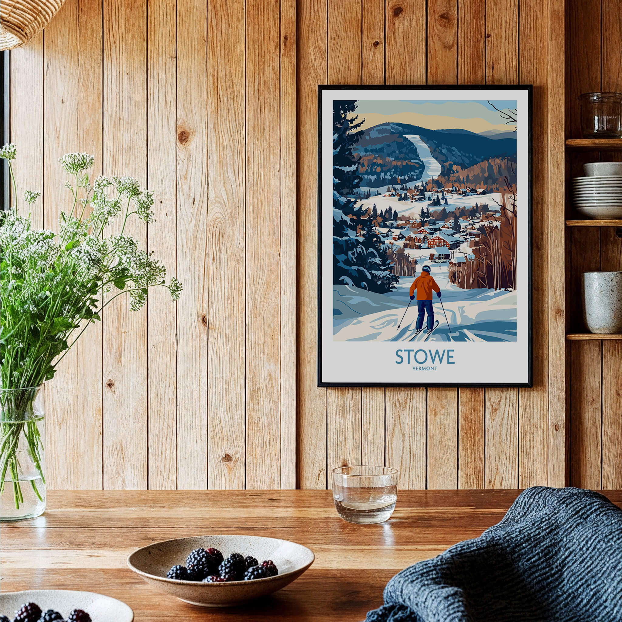 Stowe Vermont Ski Village Art - Mountain View Poster Print displayed in a cozy wooden room with winter decor.