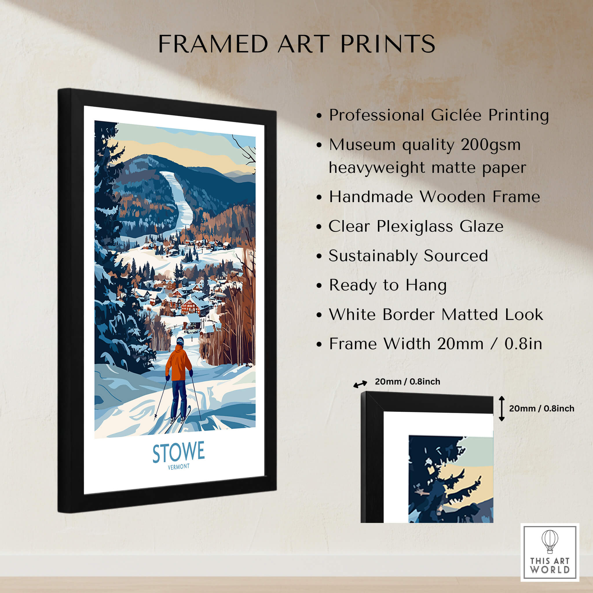 Stowe Vermont Ski Village Art - Mountain View Poster Print featuring a framed mountain scene.