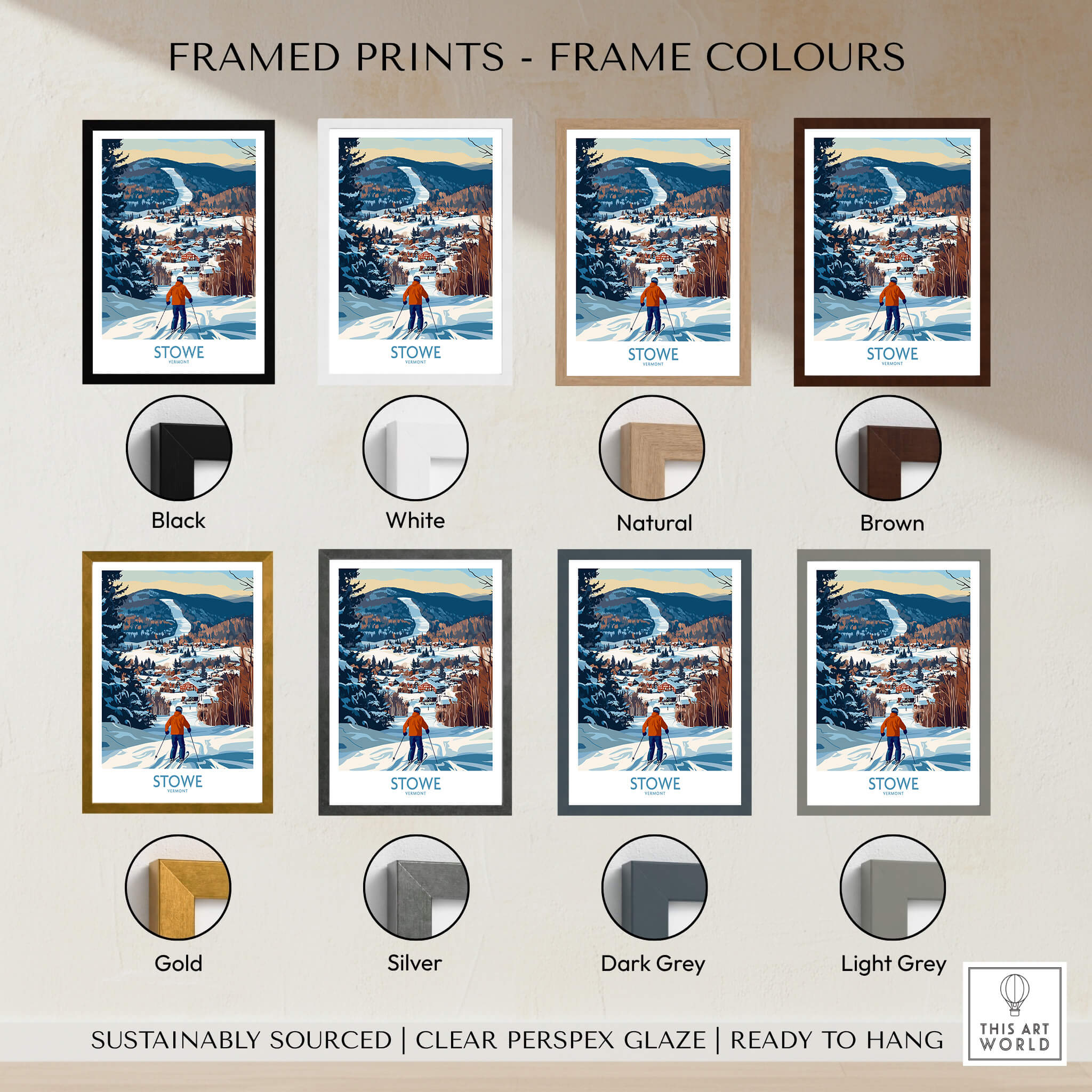 Stowe Vermont Ski Village Art - Mountain View Poster Print framed in various color options including black, white, natural, and brown.