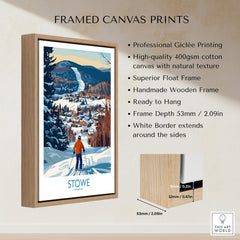 Stowe Vermont Ski Village Art - Mountain View Poster Print framed canvas showcasing a winter landscape with skiers.