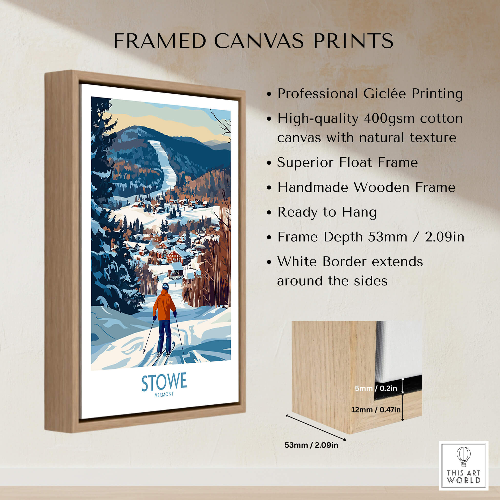 Stowe Vermont Ski Village Art - Mountain View Poster Print framed canvas showcasing a winter landscape with skiers.