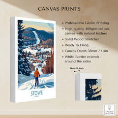 Stowe Vermont Ski Village Art - Mountain View Poster Print showcasing high-quality Giclée on canvas with stunning winter scenery.