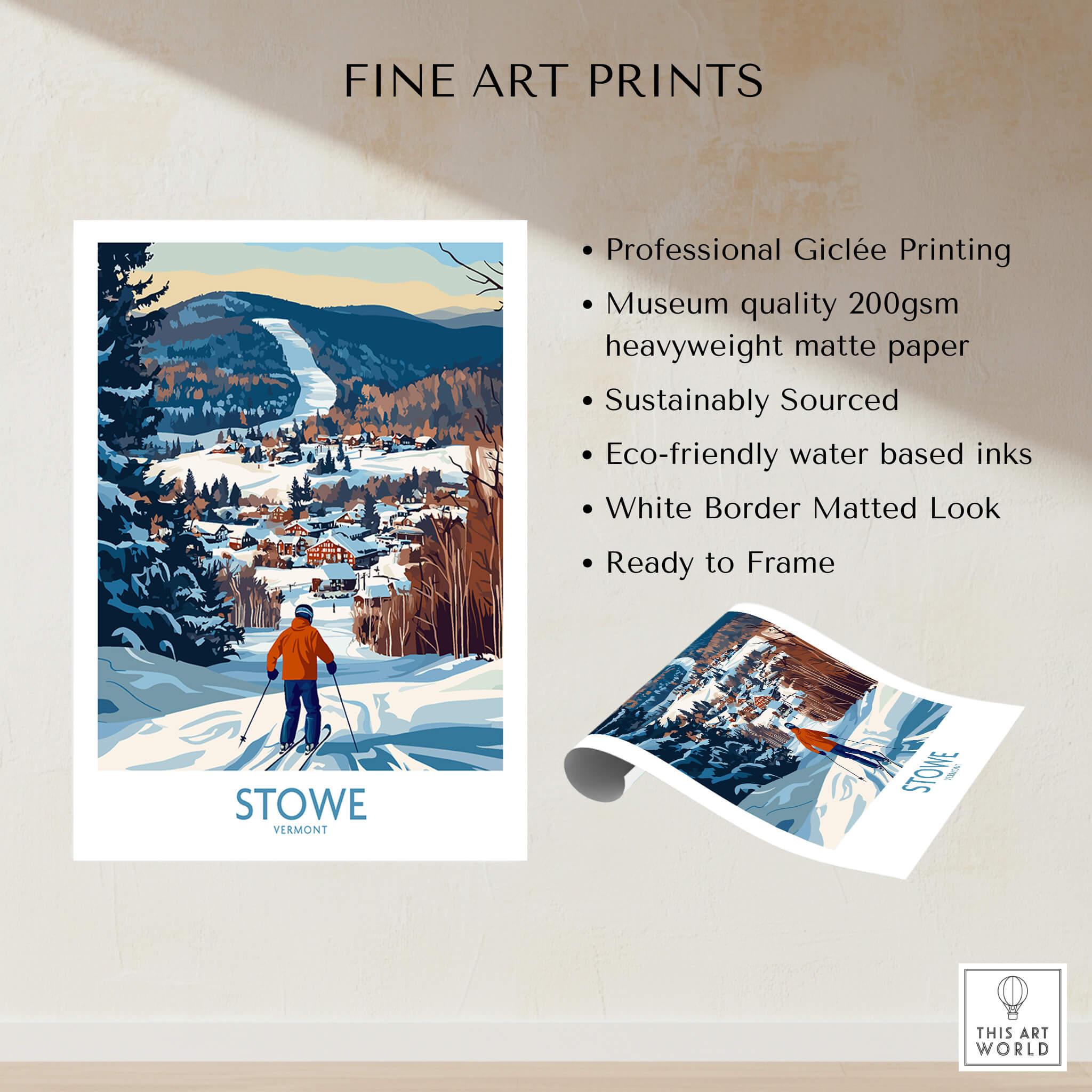 Stowe Vermont Ski Village Art - Mountain View Poster Print showcasing a beautiful winter scene and ski village charm.