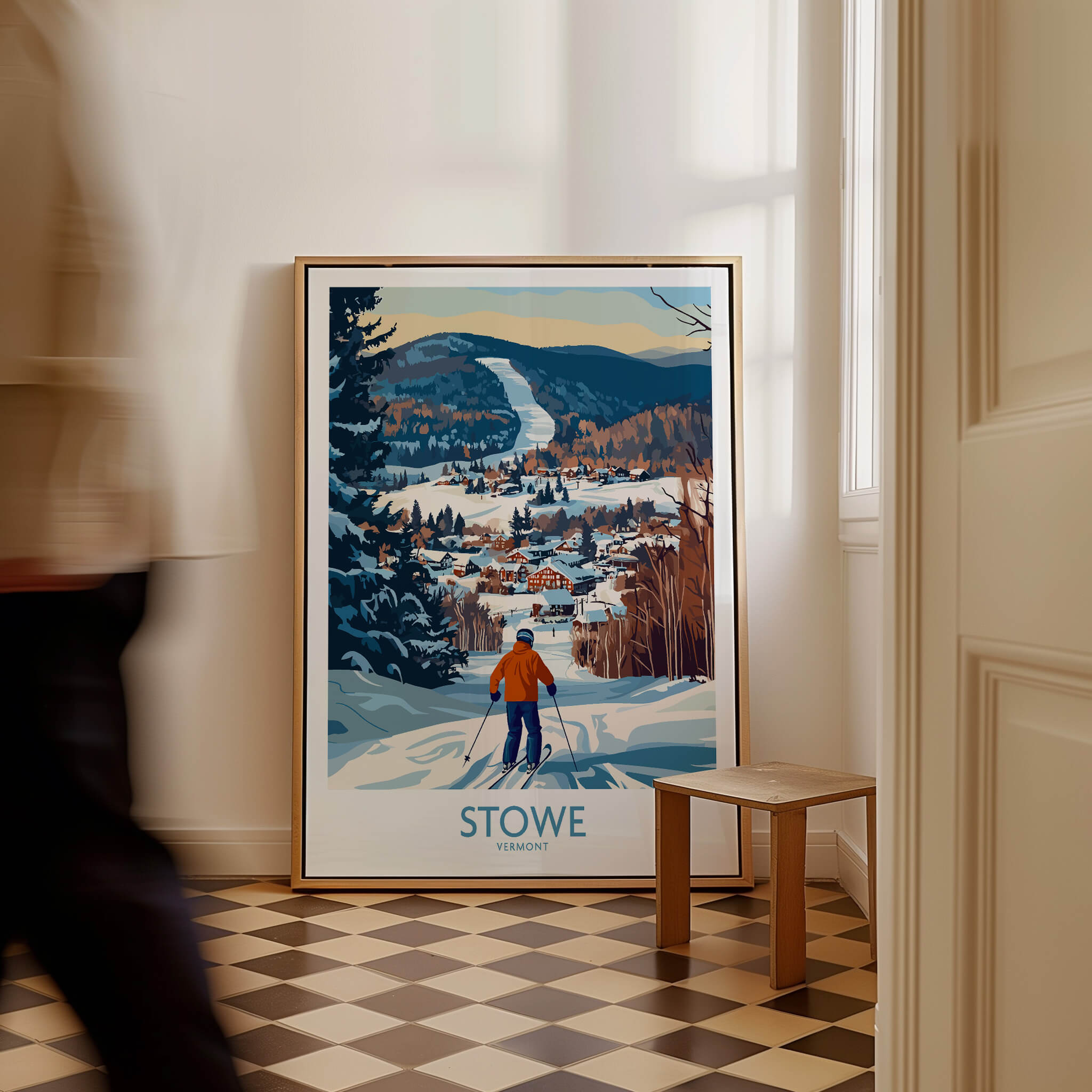 Stowe Vermont Ski Village Art - Mountain View Poster Print framed in a cozy interior setting.