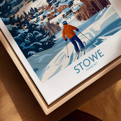 Stowe Vermont Ski Village Art - Mountain View Poster Print featuring a skier in a snowy landscape.