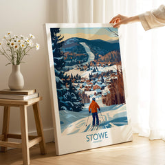 Stowe Vermont Ski Village Art - Mountain View Poster Print depicting a skier overlooking the scenic Stowe village.