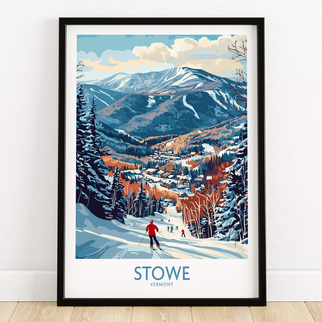 Vermont Ski Run Art - Stowe Slope Scene Print, Winter Sport Wall Decor featuring skiers on a picturesque snowy mountain.