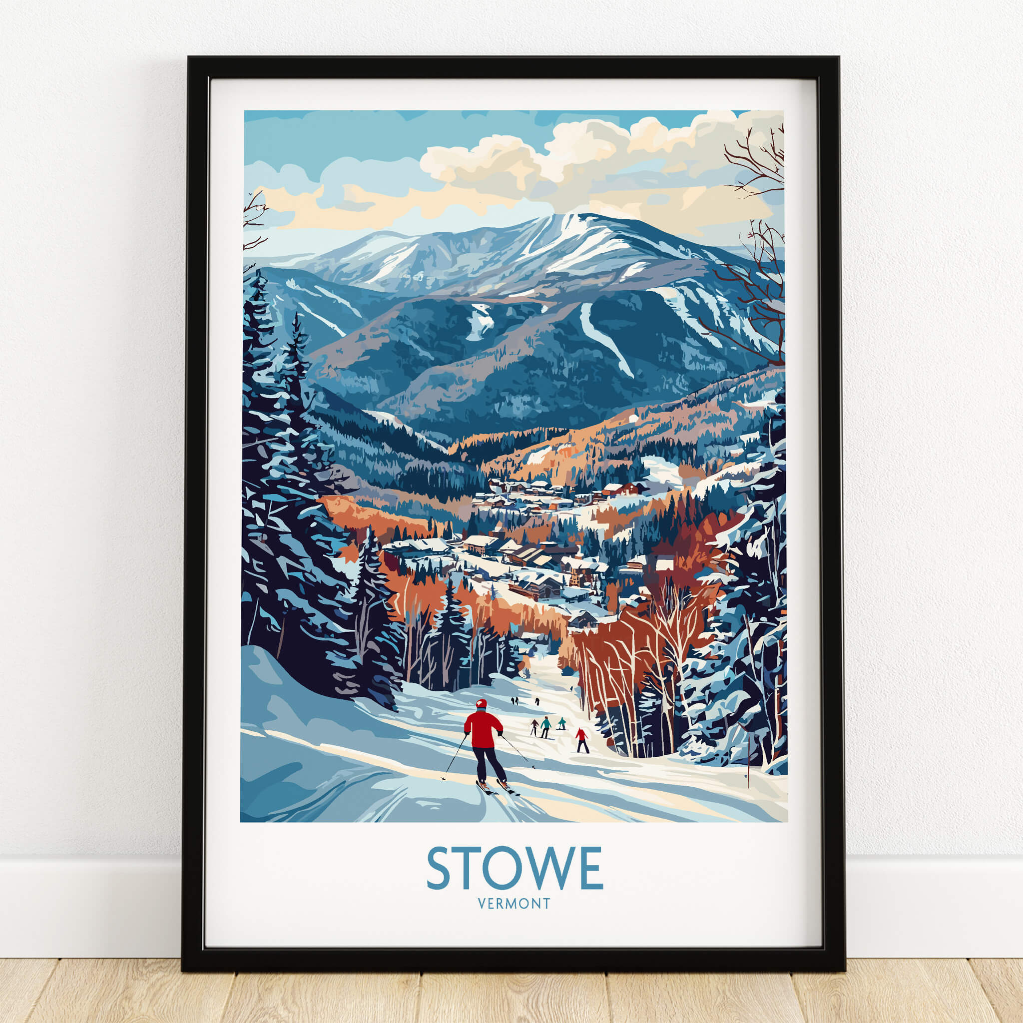 Vermont Ski Run Art - Stowe Slope Scene Print, Winter Sport Wall Decor featuring skiers on a picturesque snowy mountain.