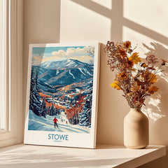 Vermont Ski Run Art - Stowe Slope Scene Print, Winter Sport Wall Decor in a sunny room with flowers.