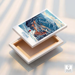 Vermont Ski Run Art - Stowe Slope Scene Print, Winter Sport Wall Decor displayed on an open box.