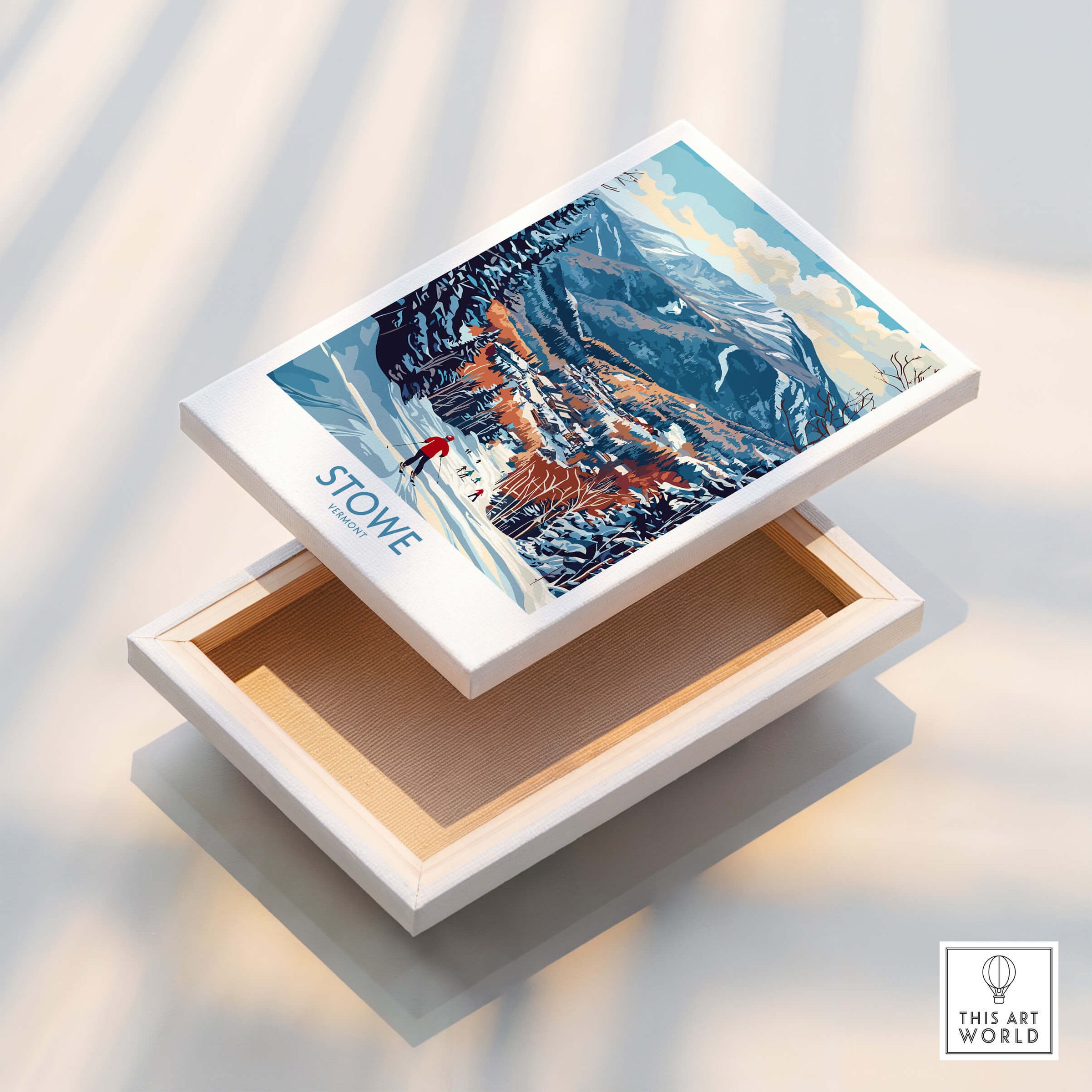 Vermont Ski Run Art - Stowe Slope Scene Print, Winter Sport Wall Decor displayed on an open box.