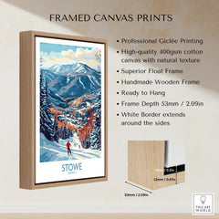 Vermont Ski Run Art - Stowe Slope Scene Print, Winter Sport Wall Decor - Framed Canvas Print with Forest and Mountain View.