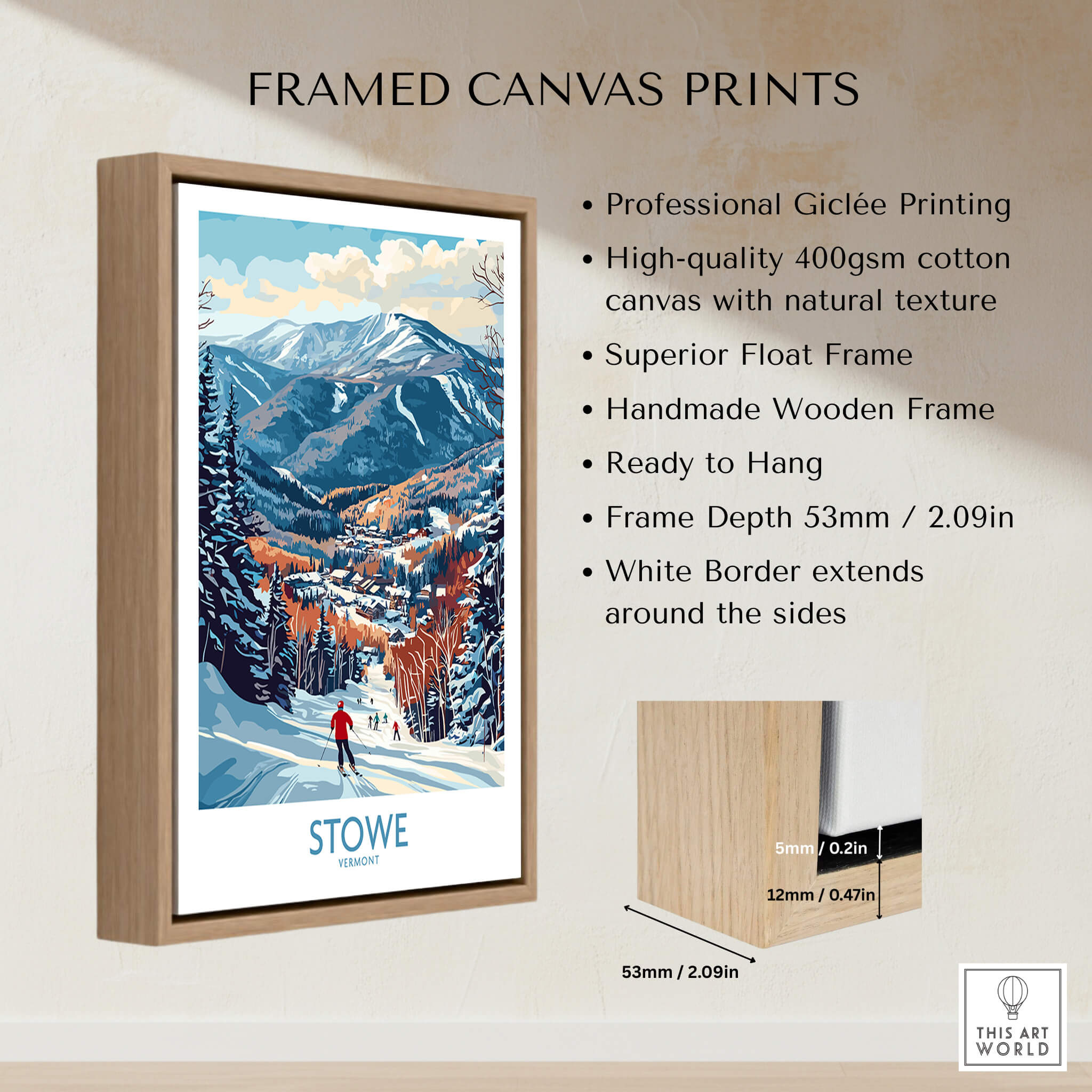 Vermont Ski Run Art - Stowe Slope Scene Print, Winter Sport Wall Decor - Framed Canvas Print with Forest and Mountain View.