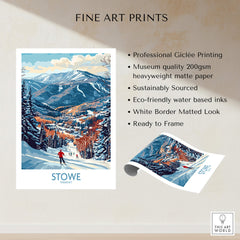 Vermont Ski Run Art - Stowe Slope Scene Print, Winter Sport Wall Decor showcasing professional Giclée printing and mountain landscape.