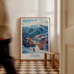 Vermont Ski Run Art - Stowe Slope Scene Print, Winter Sport Wall Decor featuring a skier in a scenic winter landscape.