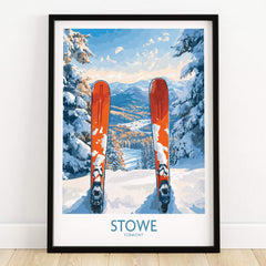 Ski Destination Art - Stowe Vermont Landscape View Print, Winter Sport Poster featuring skis in a snowy mountain landscape.