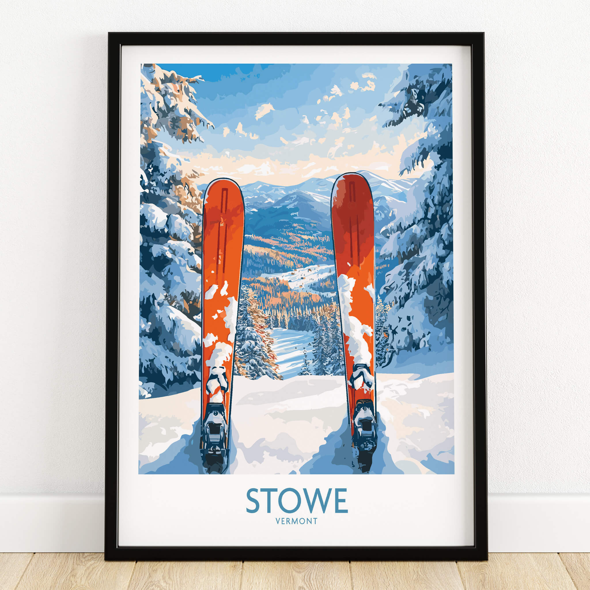 Ski Destination Art - Stowe Vermont Landscape View Print, Winter Sport Poster featuring skis in a snowy mountain landscape.