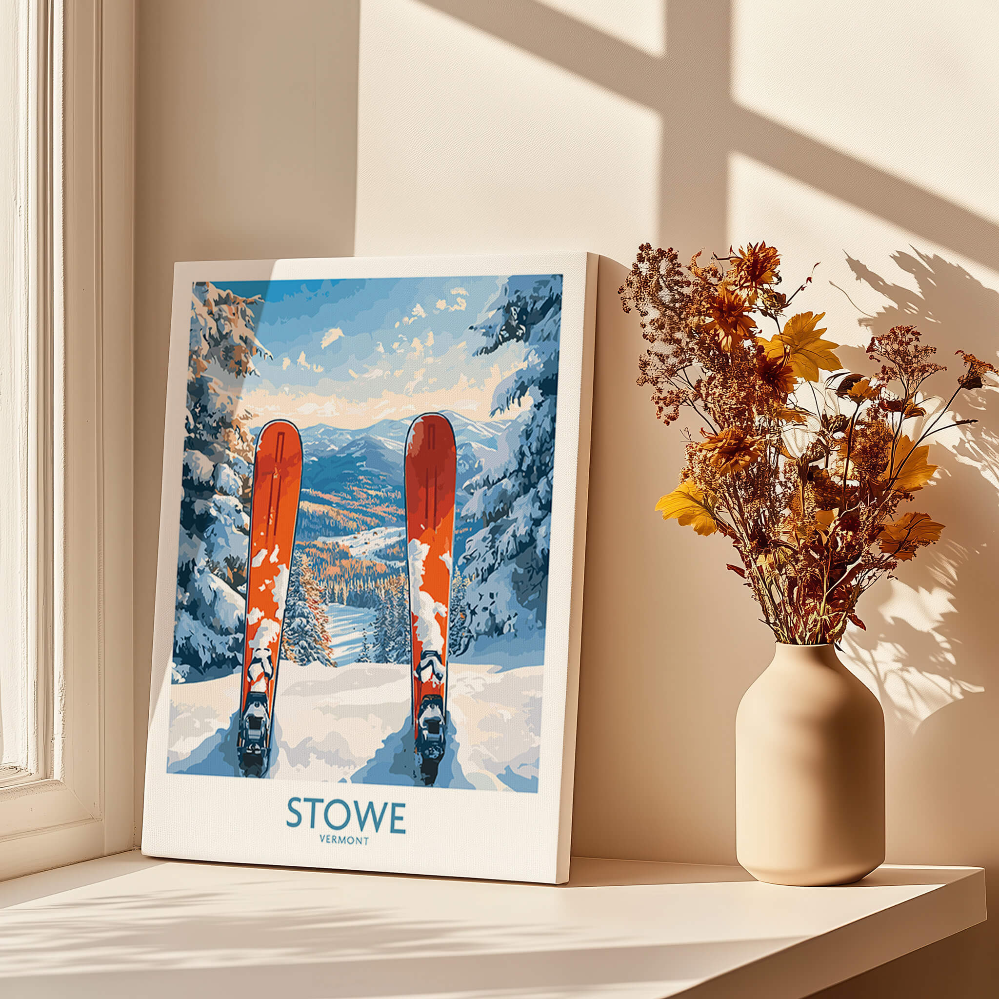 Ski Destination Art - Stowe Vermont Landscape View Print, Winter Sport Poster featuring vibrant skis and snowy mountains.