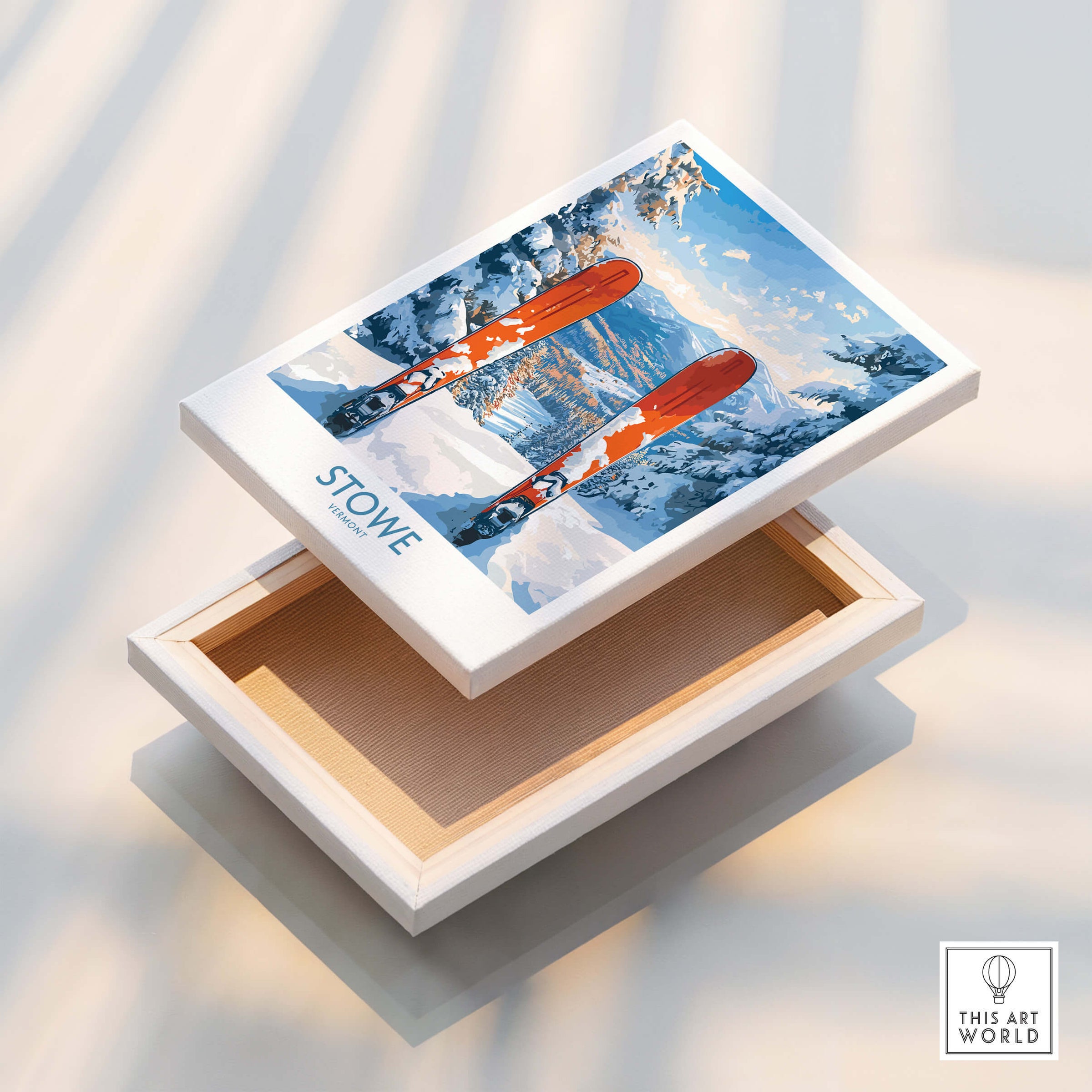 Ski Destination Art - Stowe Vermont Landscape View Print, Winter Sport Poster displayed on a wooden box.